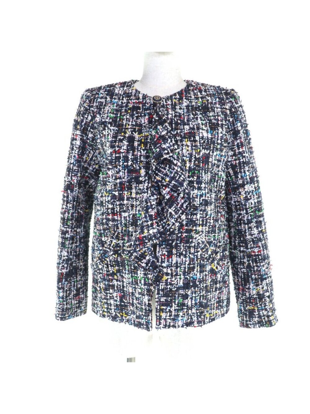 Chanel Lining Silk 100% CC Logo Button Mixed Tweed Ruffle Collarless Jacket